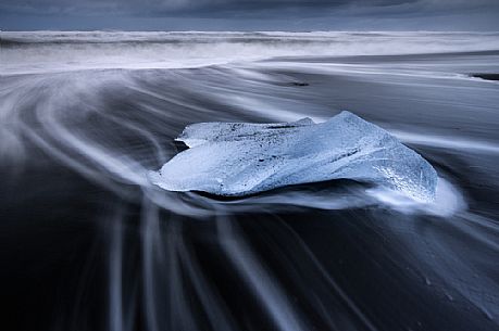 Diamond beach, ice formation on the volcanic shore at Jokulsarlon lagoon, Iceland, Europe